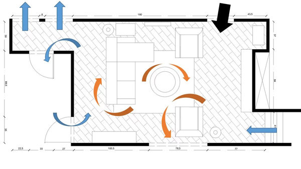 Nappali szoba átmenő forgalommal